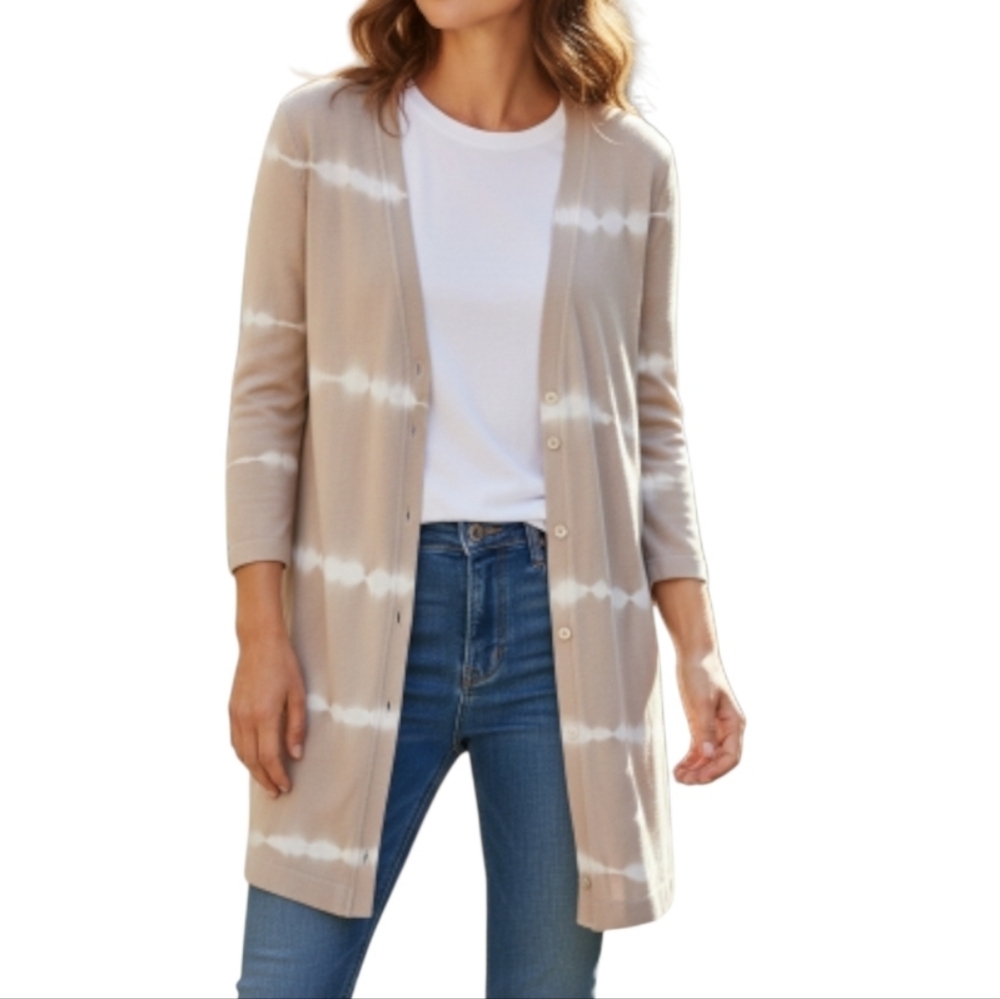 J Jill Longline Cardigan Size M Tie Dye V Neck 3 Button Midi Length Dark Oatmeal